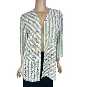 Easywear by Chico's Sz 1/M Cardigan Olive Green & White Stripes Open Cut Outs